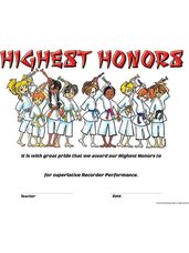 Highest Honors Recorder Award Certificates, 25-Pack